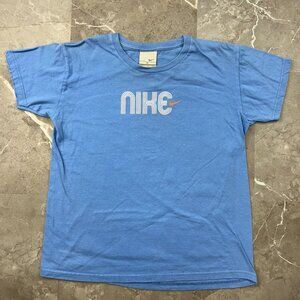 Vintage Nike Graphic‎ Tee Womens Medium Short Sleeve Spell Out Silver Tag Blue
